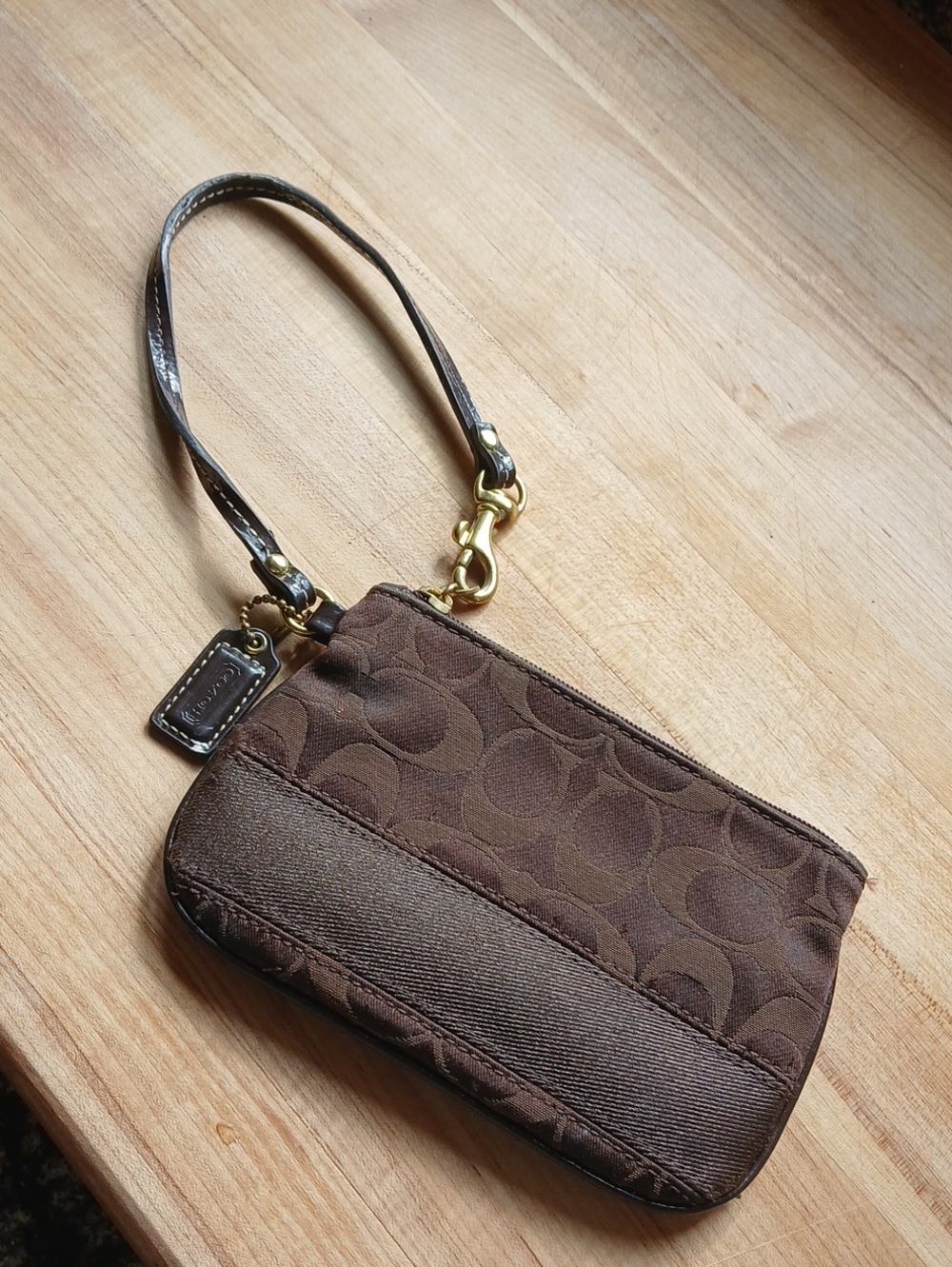 Coach Brown Signature Jacquard Wristlet with Gold Hardware
